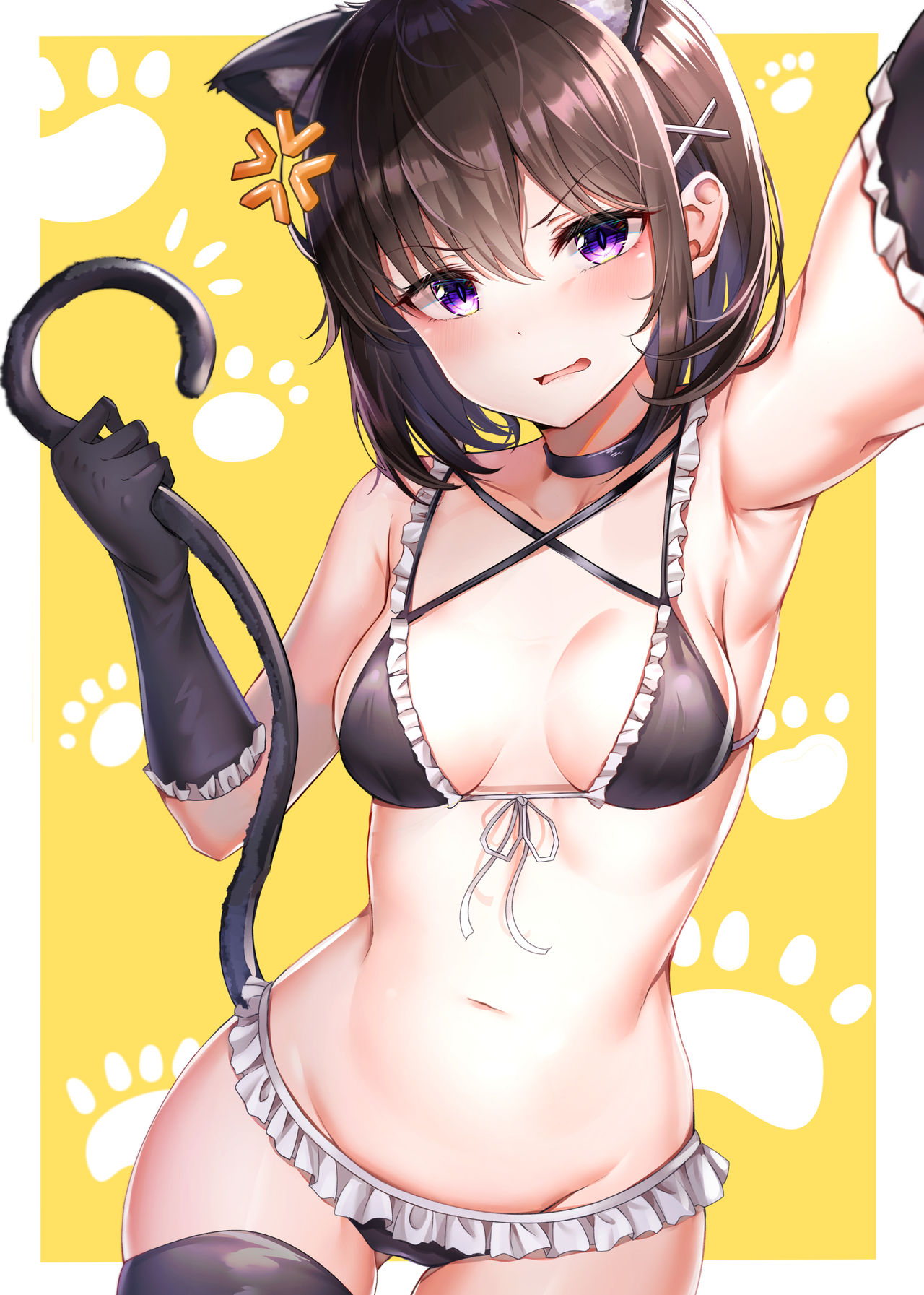 1girls, anger vein, belly button, bikini, black bikini, black gloves, black thighhighs, breasts, brown hair, cat ears, cat tail, choker, cleavage, elbow gloves, fake animal ears, fake cat ears, fake tail, female, female only, front-tie bikini, hair, hair ornament, midriff, original character, purple eyes, small breasts, solo female, sunhyun, thigh gap, thighhighs