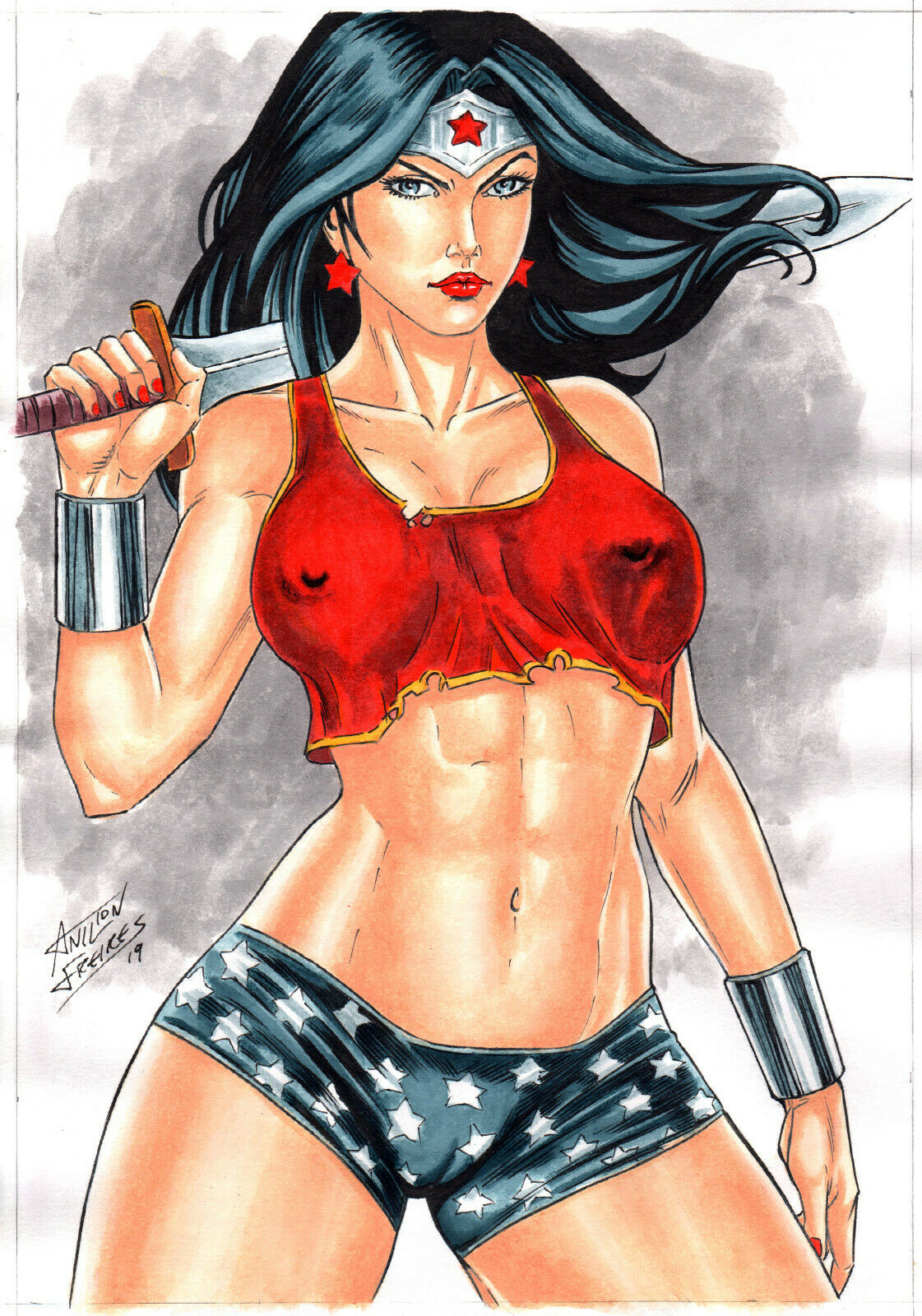 1girls 2019 amazon anilton_freires bike_shorts black_hair blue_eyes blue_shorts bra bracer bracers cameltoe cowboy_shot crop_top dated dc dc_comics diana_prince earrings ed_benes_studio erect_nipples female female_only holding_sword holding_weapon hot_pants hotpants human justice_league lipstick long_hair midriff nail_polish nipple_bulge nipples nipples_visible_through_clothing pinup pussy red_bra red_lips red_lipstick red_nail_polish red_nails red_shirt shirt short_shirt short_shorts shorts signature solo standing star_earrings superheroine sword tank_top themysciran thighs tiara toned vulva weapon wonder_woman wonder_woman_(series)