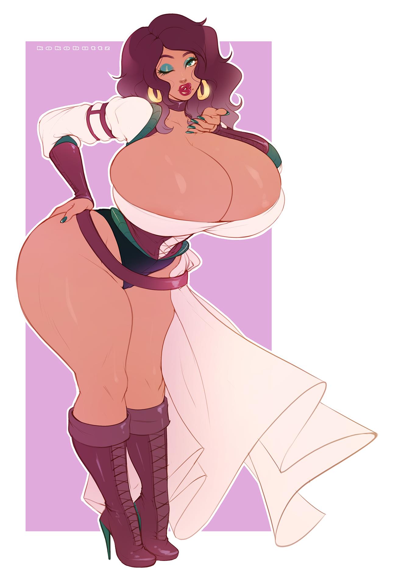 1girls, big breasts, boots, breasts, cleavage, clothing, dark skin, dark-skinned female, female, female only, hair, huge breasts, kokobuttz, large breasts, long hair, one eye closed, solo