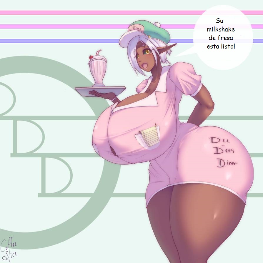 big breasts, breasts, coffeeslice, dark skin, dark-skinned female, elf, female, female only, gyaru, kuro gyaru, spanish text, tight dress