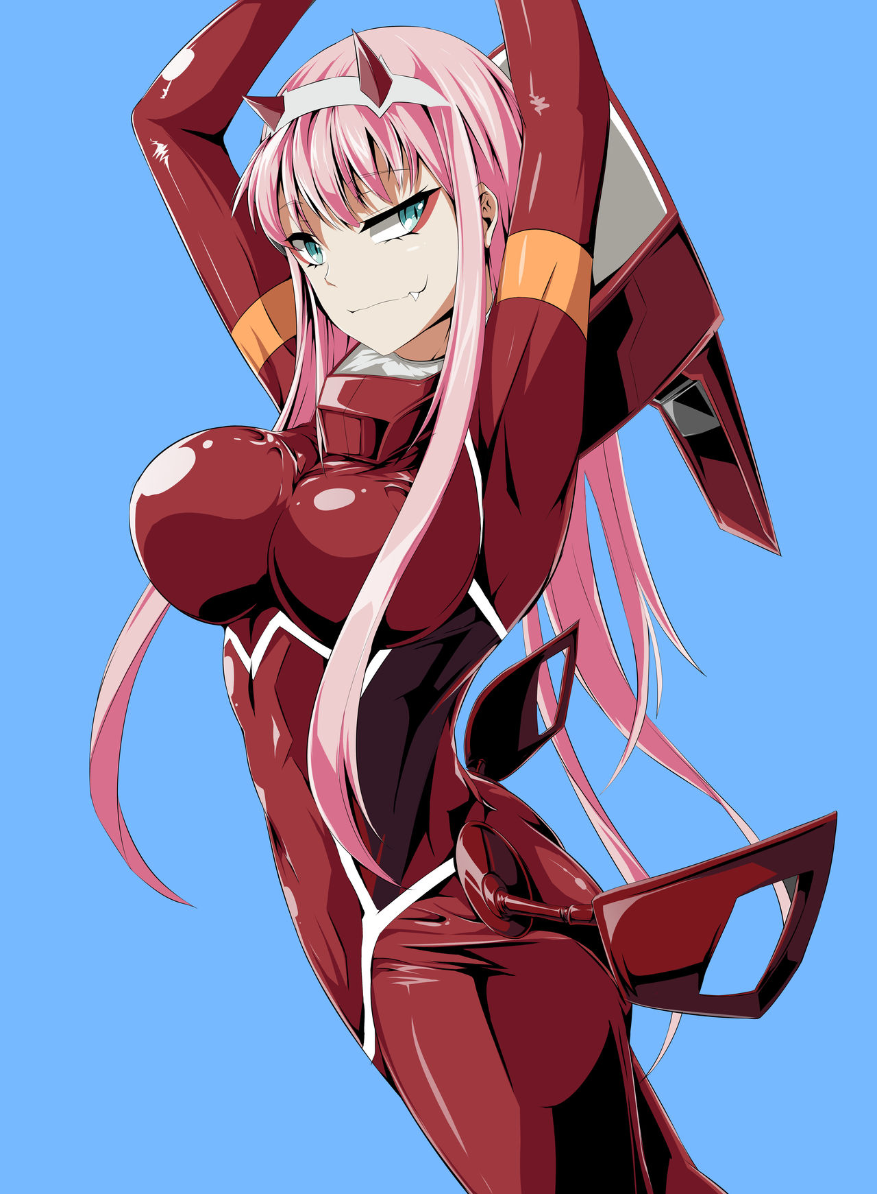 1girls, alternate breast size, arms up, blue eyes, bodysuit, breasts, cyan eyes, darling in the franxx, eye contact, fang, female, half-closed eyes, horns, looking at viewer, mr. bongs9s, pink hair, red bodysuit, red horns, solo, zero two (darling in the franxx)