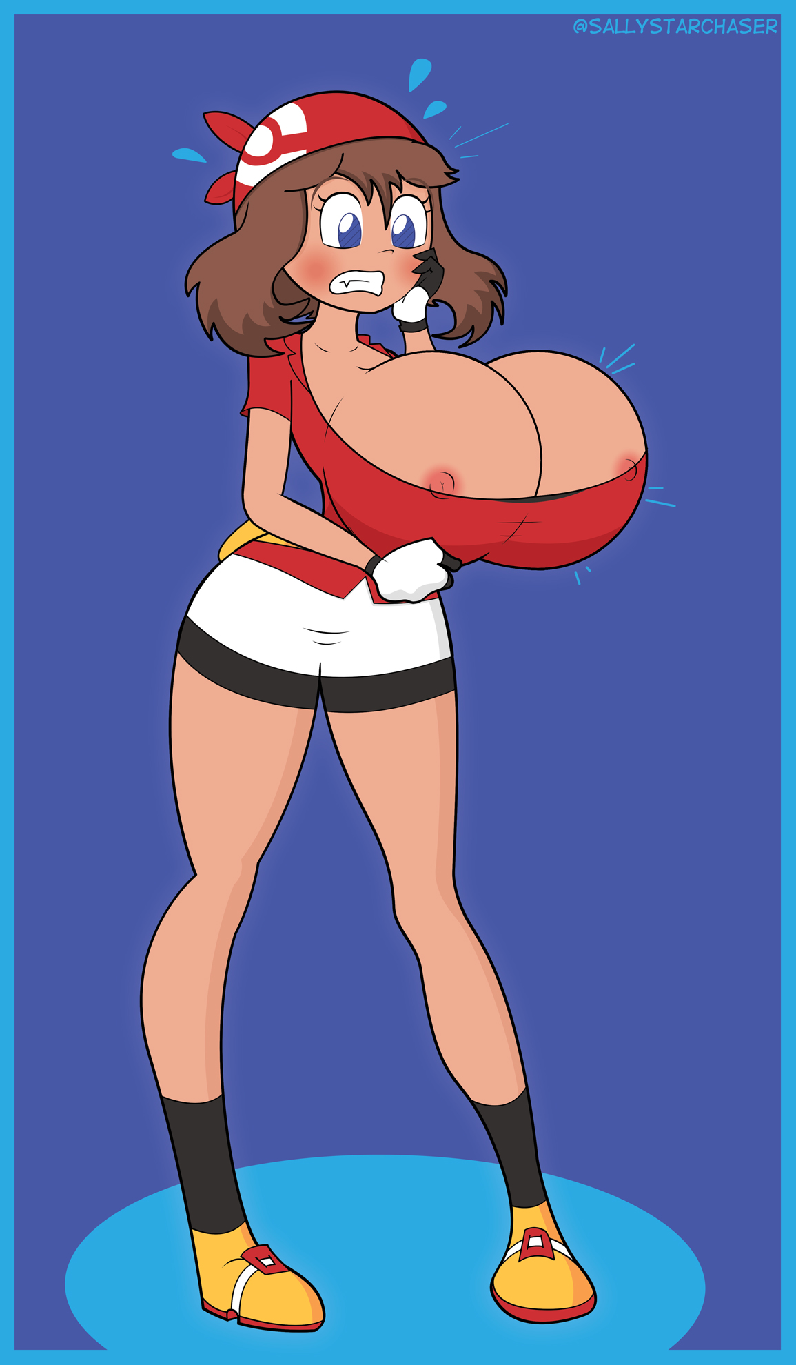 1girls, 2010s, 2019, alternate breast size, areolae, bag, bandana, big breasts, big eyes, bike shorts, black shorts, blue background, blue border, blue eyes, blush, breast expansion, breast growth, breast growth (enlargement), breasts, brown hair, bursting breasts, cleavage, clothed, clothes, compression shorts, embarrassed, eyelashes, female, female only, gloves, gritted teeth, hand on face, huge breasts, human, human only, hyper, hyper breasts, kneepits, large breasts, may (pokemon), nintendo, nipple slip, nipples, panicking, pokemon, pokemon rgby, pokemon rse, red bandana, sally starchaser, shoes, short hair, shorts, snaggletooth, socks, solo, spandex shorts, spats, standing, surprised, sweat, sweating, thigh gap, watermark, wide hips, wide-eyed