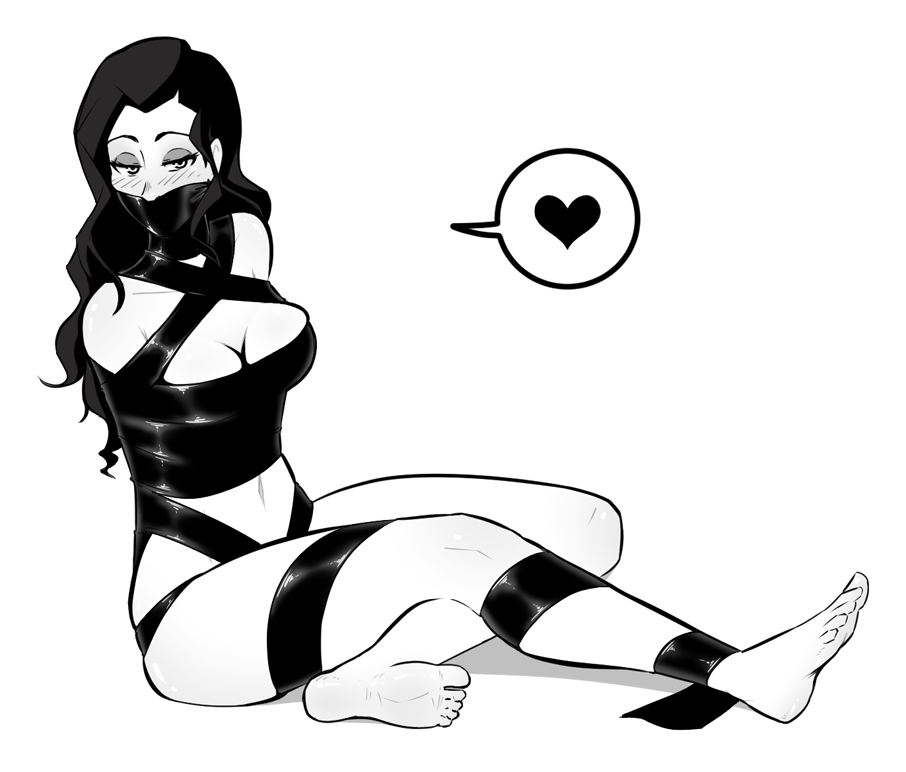 1girls arms_behind_back asami_sato avatar_the_last_airbender black_and_white bondage bound_arms deviantart female female_only femsub gag gagged happy_sub human human_only medium_breasts monochrome on_floor ribbon ribbon_bondage smooth_skin the_legend_of_korra wossarem