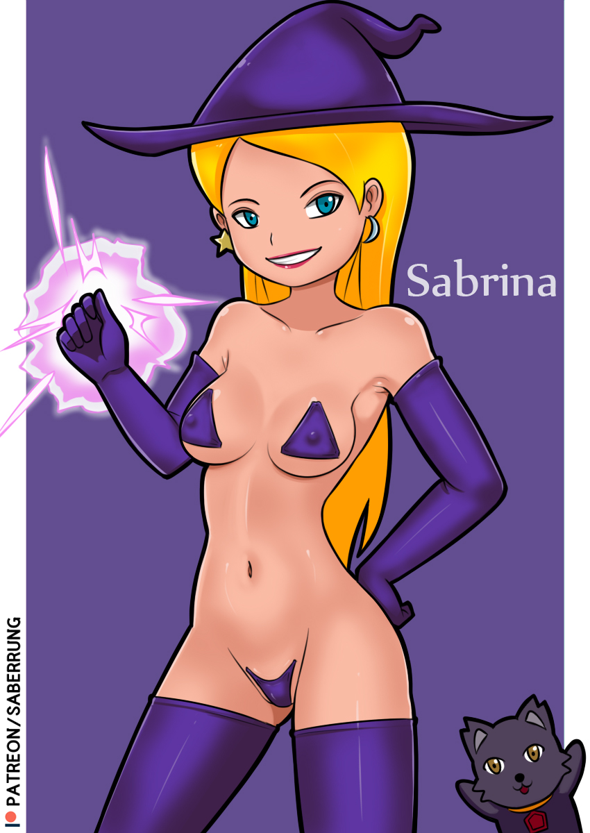 :3 bare_arms bare_legs bare_shoulders blonde_hair breasts busty crescent_moon_earrings elbow_gloves female female_focus female_only functionally_nude lipstick long_hair magic medium_breasts pasties pinup saberrung sabrina_spellman sabrina_the_teenage_witch salem_saberhagen solo spell standing thick_thighs triangle_pasties wide_hips witch witch_hat