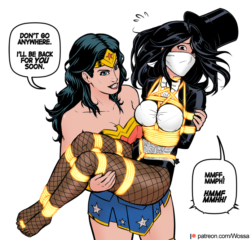 2girls arms_behind_back bdsm black_hair blue_eyes bondage bondage_harness bound bound_breasts bound_toes breasts carrying color comic crotch_rope dc_comics dialogue diana_prince english_text feet female female_only femdom femsub fishnets fully_clothed gag gagged_speech human human_only justice_league lasso_of_truth legs legs_tied lezdom multiple_girls over_the_nose_gag pantyhose rope rope_between_breasts rope_bondage rope_harness shoes_removed speech_bubble submissive_female text thighs tied_toes tied_up toes wonder_woman wonder_woman_(series) wossarem yuri zatanna zatanna_zatara