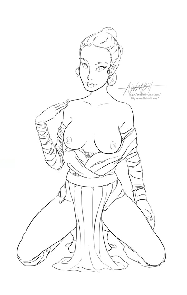 awmbh breasts breasts_out exposed_breasts female_only loincloth rey sketch squatting star_wars the_rise_of_skywalker uncolored