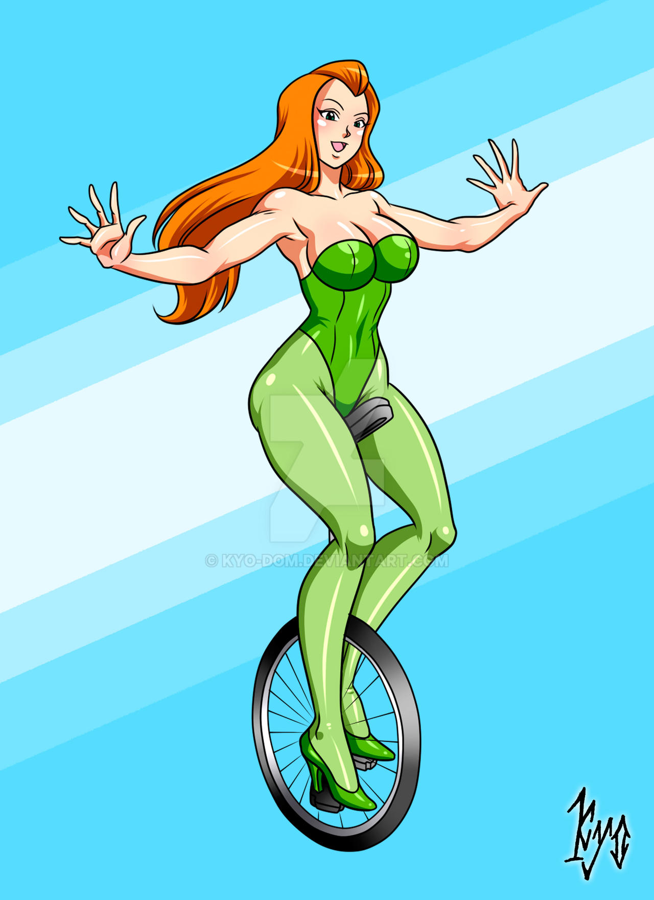 high_heels highleg_leotard kyo-domesticfucker large_ass large_breasts leotard pantyhose sam_(totally_spies) smile thick_thighs totally_spies unicycle wide_hips