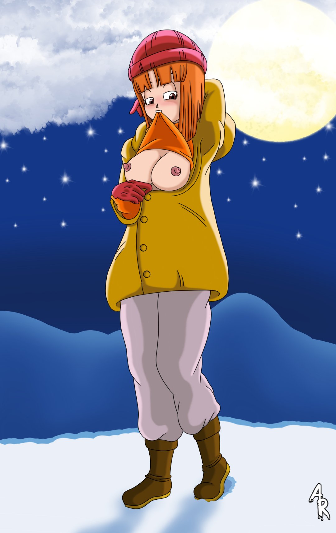 apoc_rex biting biting_clothes blush clothed clothing coat dragon_ball dragon_ball_z female flashing hat human outdoors outside red_hair shirt_in_mouth shirt_lift snow solo suno