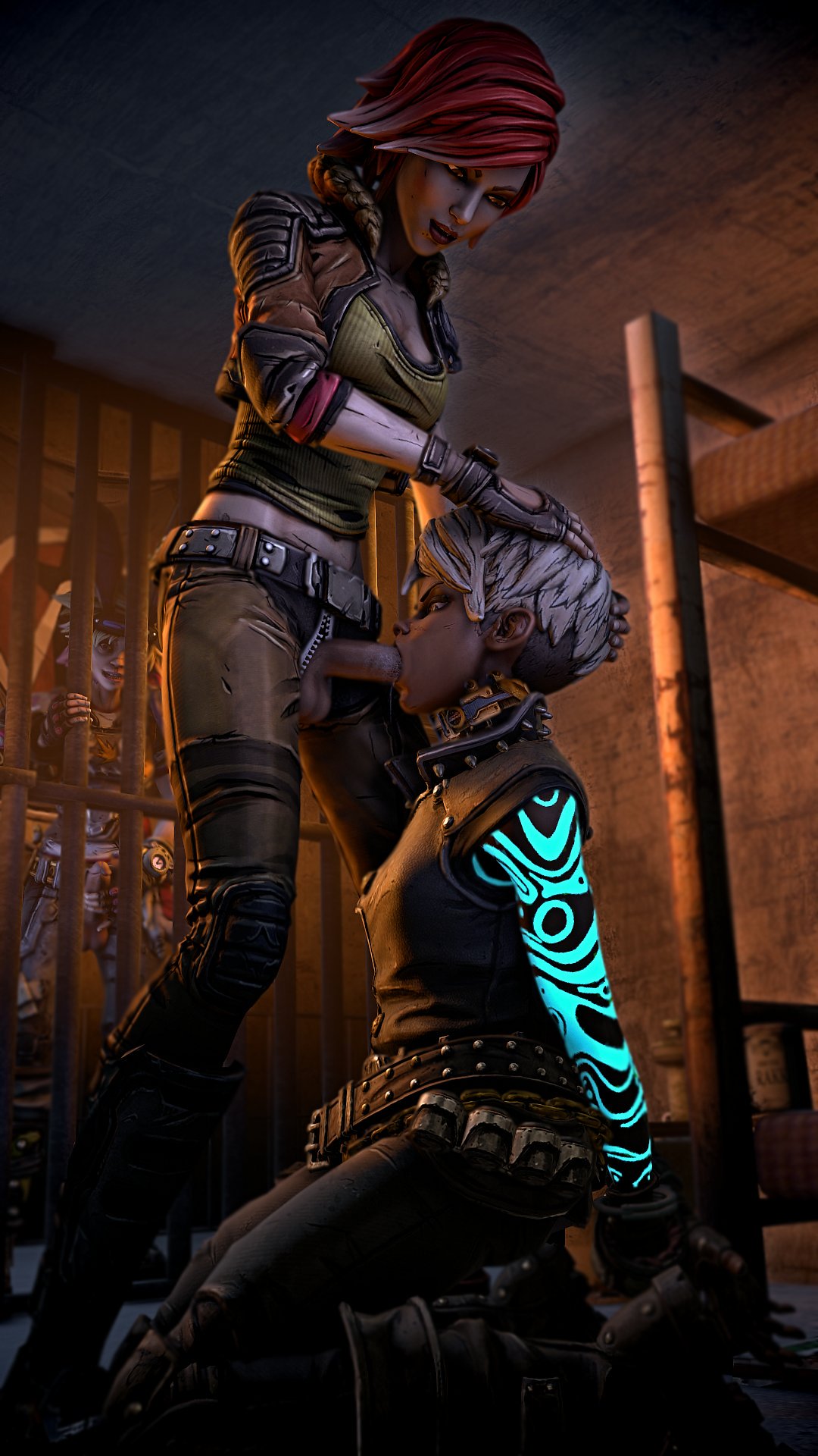 1futa, 1girls, 2futas, 3d, ass, balls, being watched, blonde hair, body markings, borderlands, borderlands 3, breasts, cleavage, clothed, dickgirl, erection, fellatio, female, futa on female, futanari, glowing, glowing markings, glowing tattoo, intersex, kneeling, lilith (borderlands), masturbating while watching, masturbation, oral, penis, pleasuring the enemy, red hair, sgtnewsboy, siren (borderlands), siren markings, source filmmaker, standing, tattoo, testicles, tiny tina, tyreen calypso, watching