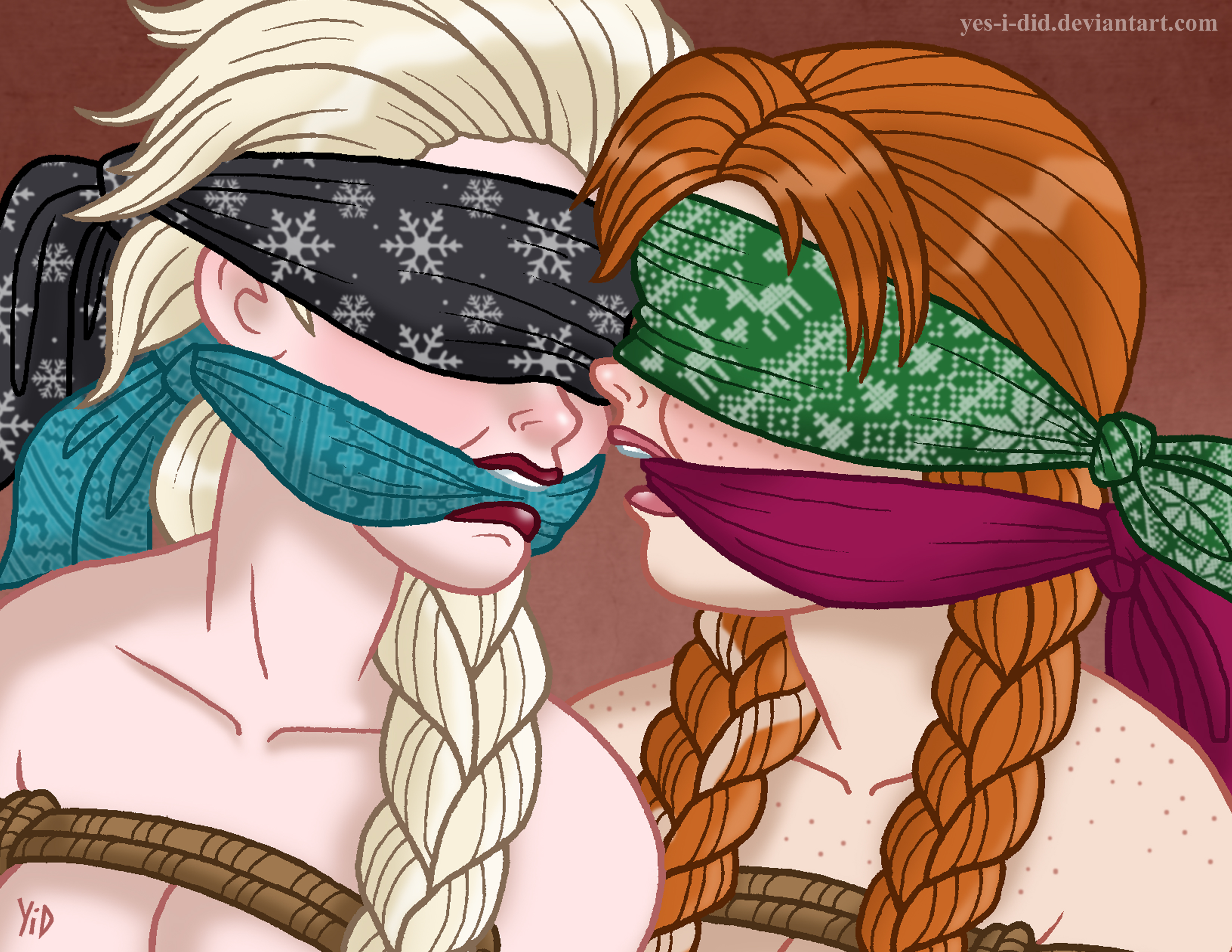 2girls, anna (frozen), blindfold, blindfolded, blonde hair, bondage, braided hair, braided ponytail, cleave gag, closeup, disney, elsa (frozen), enslaved royal, female, female only, femsub, frozen (film), gag, gagged, human, human only, lipstick, multiple females, multiple girls, multiple subs, princess, queen, red hair, rope, rope bondage, royalty, sex slave, sisters, slave, submissive, submissive female, teenager, yes i did, young
