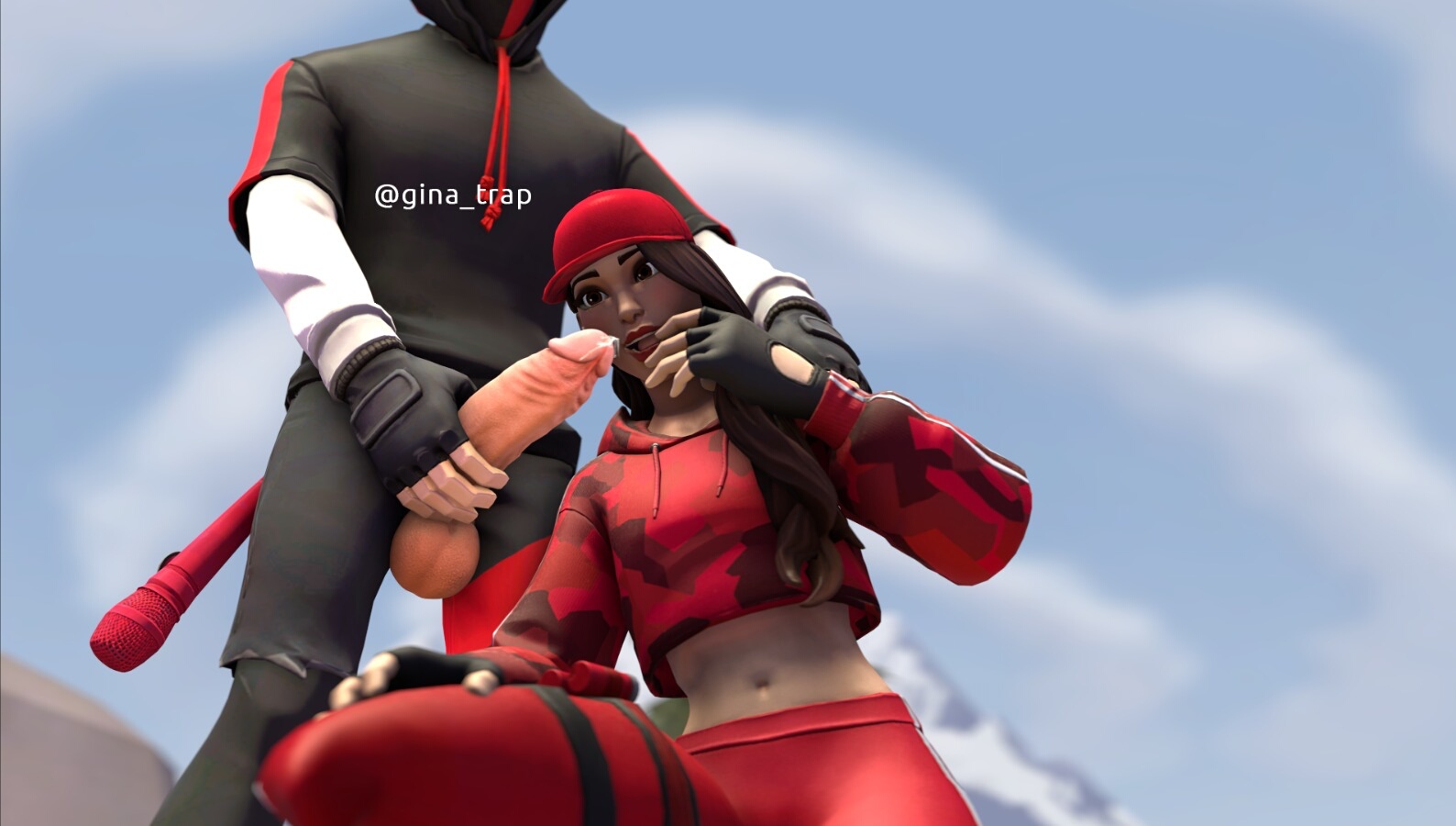 1boy, 1girls, 3d, brown eyes, brown hair, cap, epic games, female, fortnite, gina trap, ikonik, imminent oral, kneeing, male, oral, petite, red lipstick, ruby (fortnite), straight