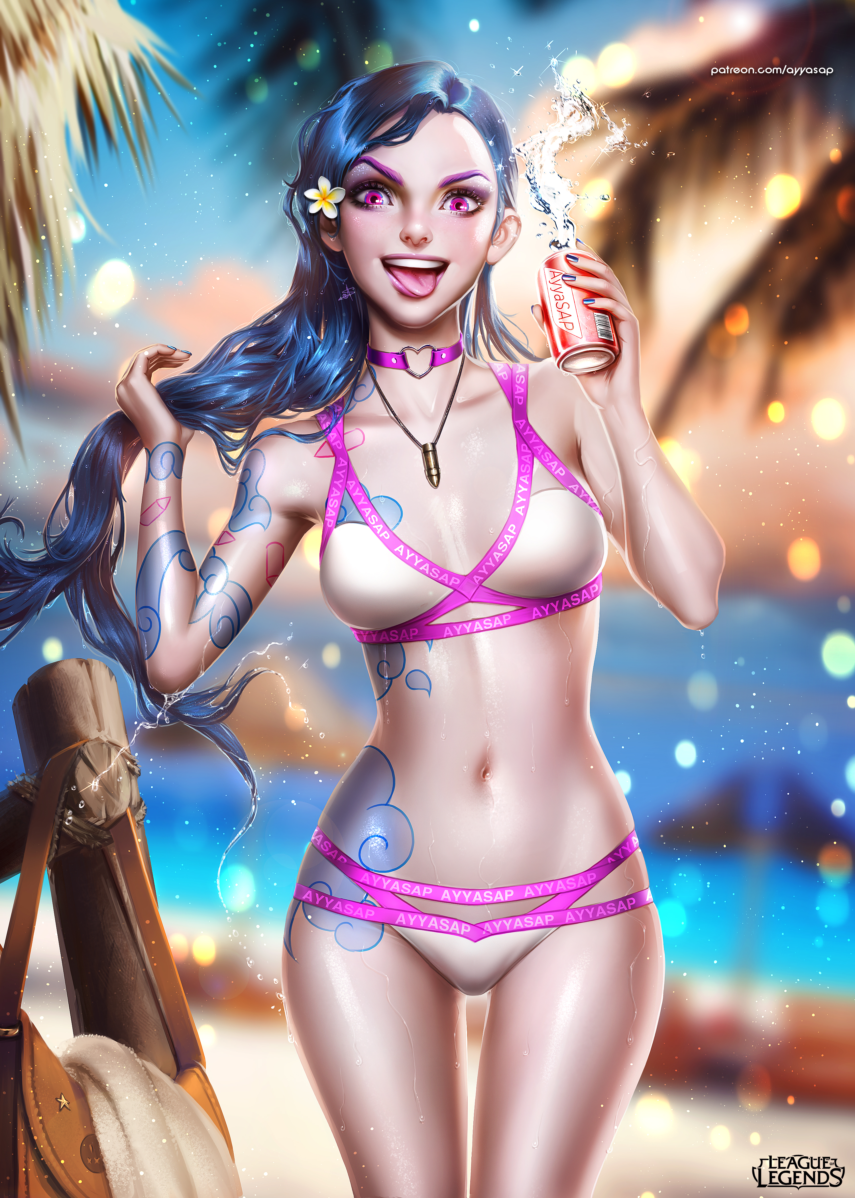 :d, 1girls, artist name, ayyasap, bag, bag removed, bangs, barcode, bikini, blue hair, blue nails, blurry, bokeh, breasts, breasts apart, choker, clavicle, copyright name, crazy, crazy eyes, day, depth of field, female, female only, fence, fingernails, flower, forehead, hair flower, hair ornament, handbag, heart choker, high resolution, holding, holding can, holding hair, jewelry, jinx (league of legends), large filesize, league of legends, long hair, looking at viewer, medium breasts, midriff, multicolored, multicolored bikini, multicolored clothes, nail polish, navel, necklace, open mouth, outdoors, outside, palm tree, patreon reward, patreon username, pink eyes, purple choker, purple eyes, realistic, revision, riot games, small breasts, smile, solo, standing, sunlight, swept bangs, swimsuit, tattoo, teeth, text, tongue, tongue out, towel, tree, very high resolution, water, water drop, watermark, web address, wet, wet hair, white bikini, white swimsuit, whorled clouds, wooden fence