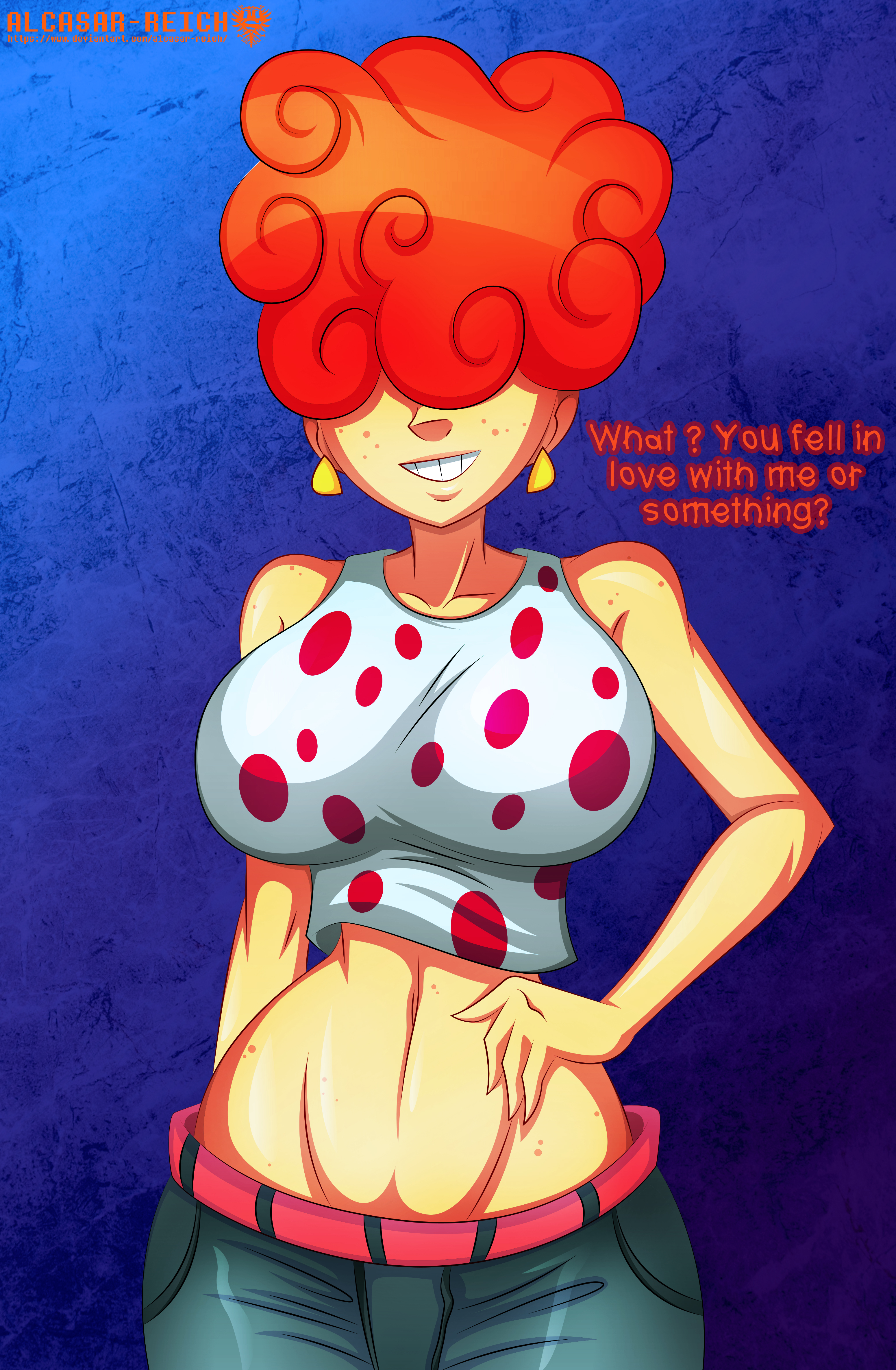 1girls, alcasar-reich, breasts, curly hair, dialogue, earrings, ed edd n eddy, english text, female, female only, freckles, hair over eyes, hand on hip, jeans, kanker sisters, large breasts, lee kanker, midriff, navel, red hair, smile, smug, solo, tagme, tank top, text