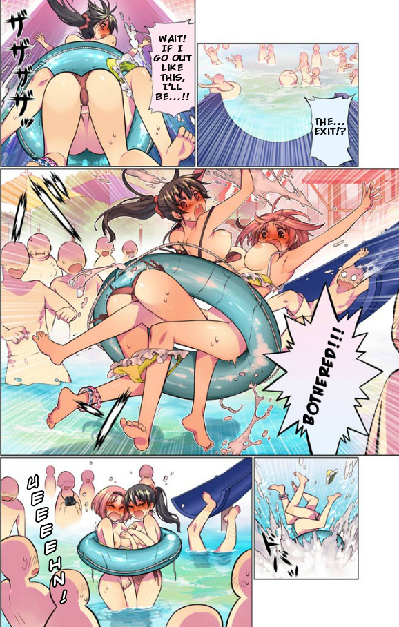 2girls accidental_circumstance accidental_exposure accidentally_stuck ass bikini bikini_bottom bikini_bottom_removed bikini_malfunction bikini_top_removed bottomless color colored crowd embarrassed_nude_female embarrassing enf humiliation manga multiple_girls naked nb_(artist) nude oh_komarino pool public pussy stuck_in_object topless translated vagina water_park