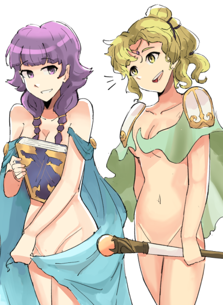 blank_background breasts brozoco covering_breasts covering_crotch fire_emblem fire_emblem:_the_sacred_stones green_hair l'arachel_(fire_emblem) lute_(fire_emblem) nintendo nude purple_hair smile thighs