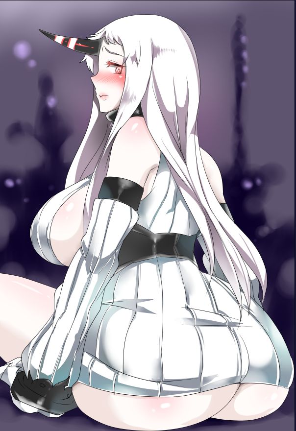 1girls ass bare_shoulders blush breasts detached_sleeves dress horn huge_ass huge_breasts kantai_collection long_hair looking_at_viewer looking_back no_panties ribbed_dress ribbed_sweater seaport_hime shinkaisei-kan short_dress sideboob sweater_dress white_hair