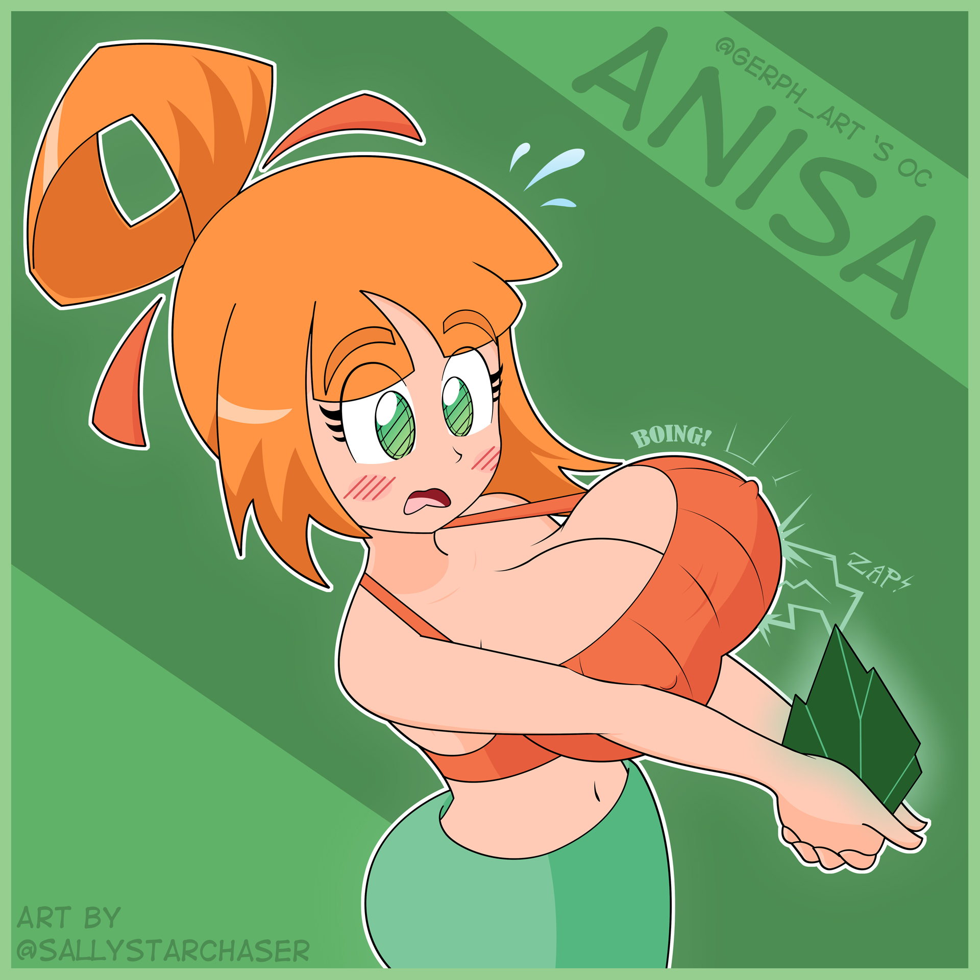 anisa (skarpworld), big breasts, blonde hair, bouncing breasts, breast expansion, breast growth, breast growth (enlargement), breasts, cleavage, cute, female, green background, green eyes, huge breasts, motion lines, sally starchaser, skarp world, tank top