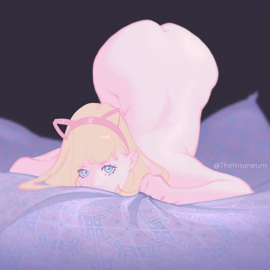 ass, bed, bedroom, blonde hair, blue eyes, cat ears, female, female focus, female only, long hair, pinup, pose, posing, solo, theinsaneum, thick thighs, top-down bottom-up, wide hips