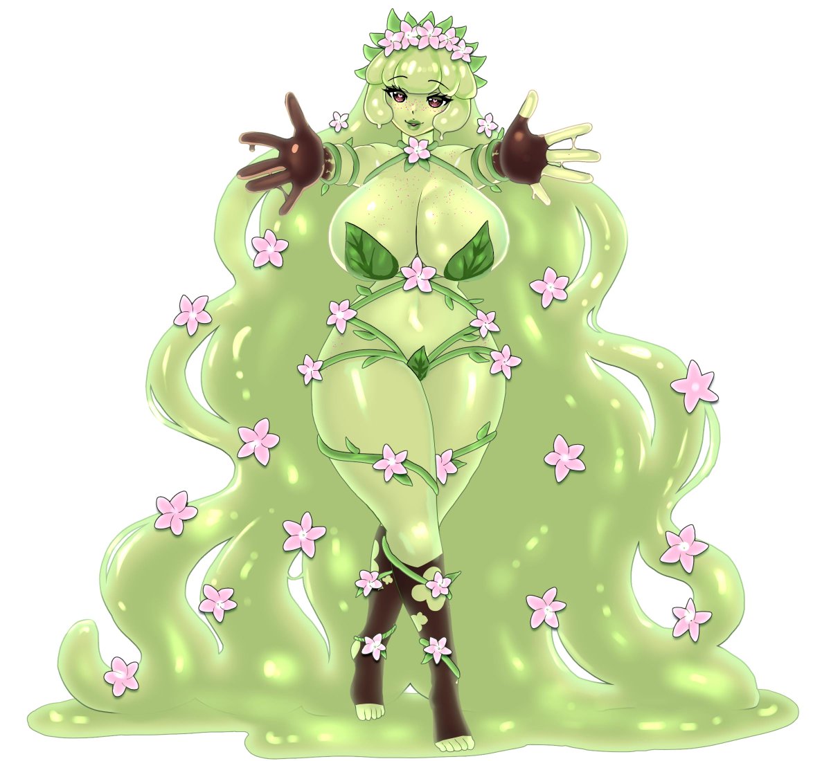 big breasts, breasts, female, flower in hair, gloves, green skin, hypnosis, meltyvixen, mind control, purple eyes, slime girl