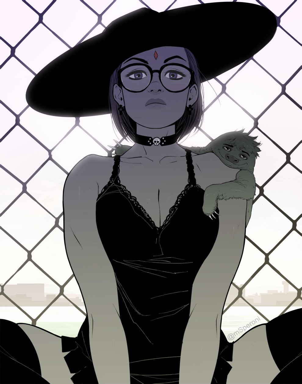 1boy 1girls animal artist_name bare_arms bare_shoulders beast_boy breasts choker cleavage clothed clothed_female clothes clothing dc dc_comics dress earrings eyewear female female_focus garfield_logan glasses goth hat large_breasts male msperoni pale pale-skinned_female pale_skin pinup pose posing purple_eyes purple_hair rachel_roth raven_(dc) short_hair sloth solo spread_legs superhero superheroine tagme teen_titans thighhighs triplexmile uncensored