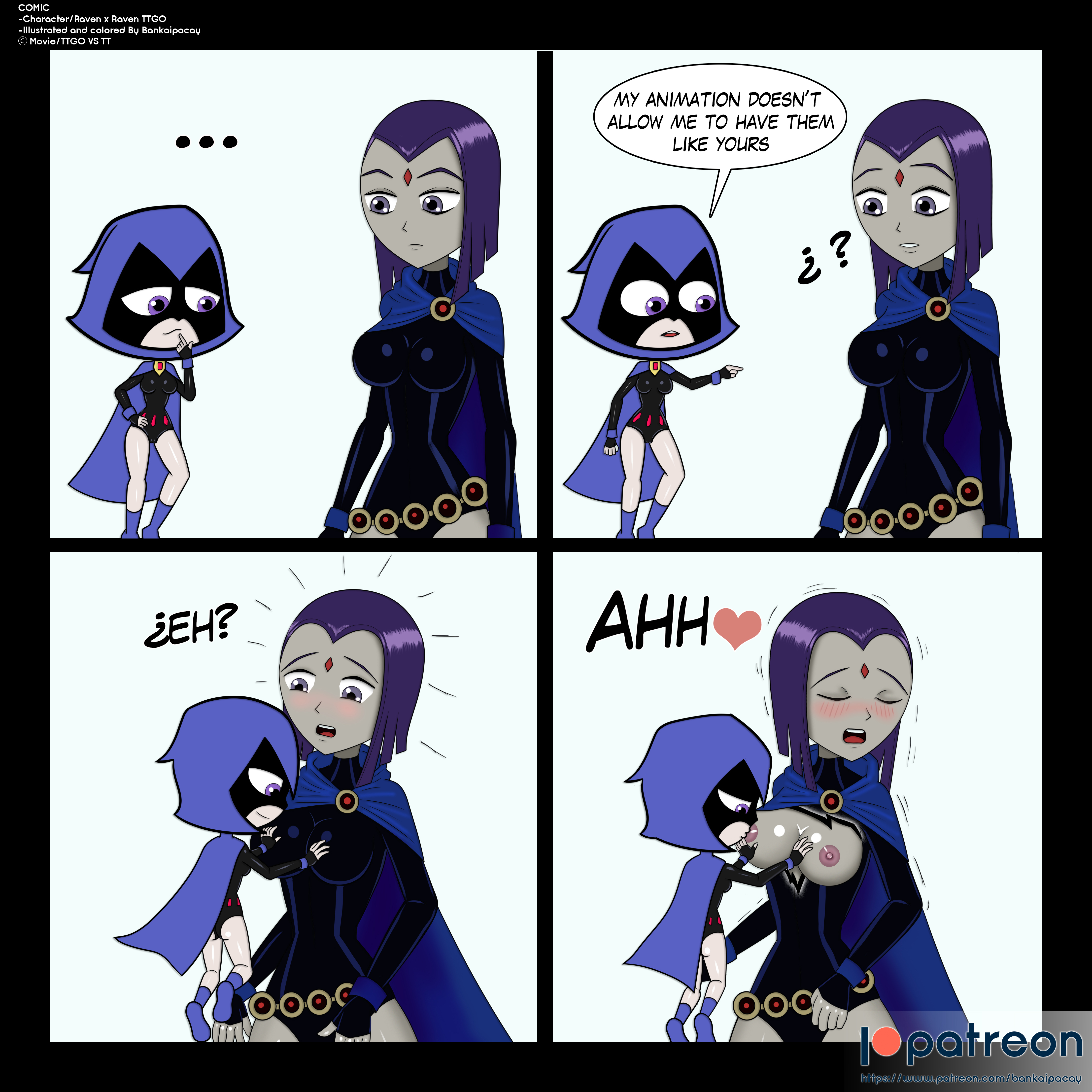2019, 2girls, accurate art style, alternate self, bankaipacay, breast feeding, breast sucking, breasts, breasts out, cartoon network, comic, counterpart, crossover, dc, dc comics, dual persona, english, english dialogue, english text, exposed, exposed breasts, female, female focus, female only, fondling, fondling breast, gothic, grey skin, grey skinned female, hi res, highres, multiversal counterpart grouping, nipples, rachel roth, raven (dc), raven (teen titans go!), raven (teen titans), selfcest, speech bubble, square crossover, tagme, teen titans, teen titans go, teen titans go! vs teen titans, yuri