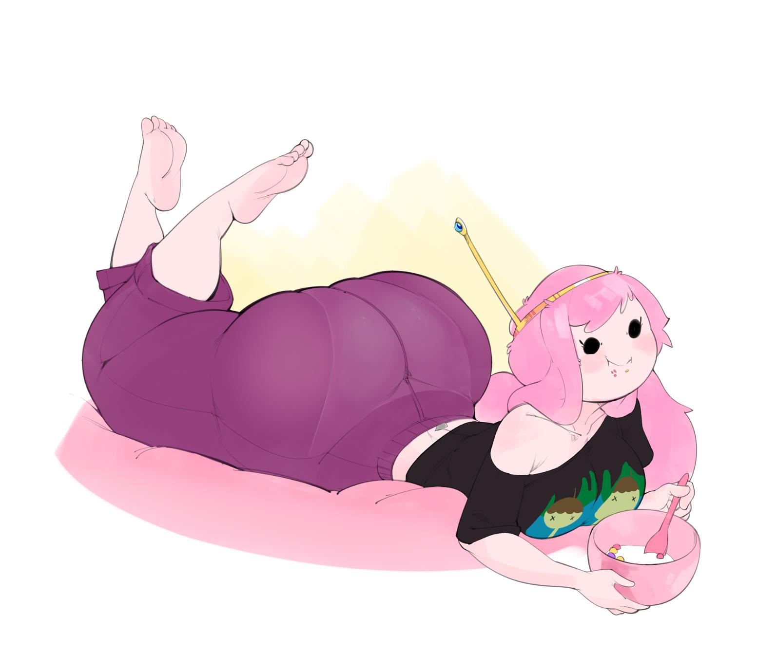 1girls adventure_time ass barefoot big_ass big_breasts blush bottom_heavy bulumble-bee collarbone crown eating feet feet_up female huge_ass hyper_ass laying_down long_hair lying lying_on_stomach panties panties_visible_through_clothing pantylines pink_hair pink_skin princess_bubblegum see-through see-through_clothing see_through smiling soles t-shirt thick thick_legs thick_thighs thin_waist toes wide_hips