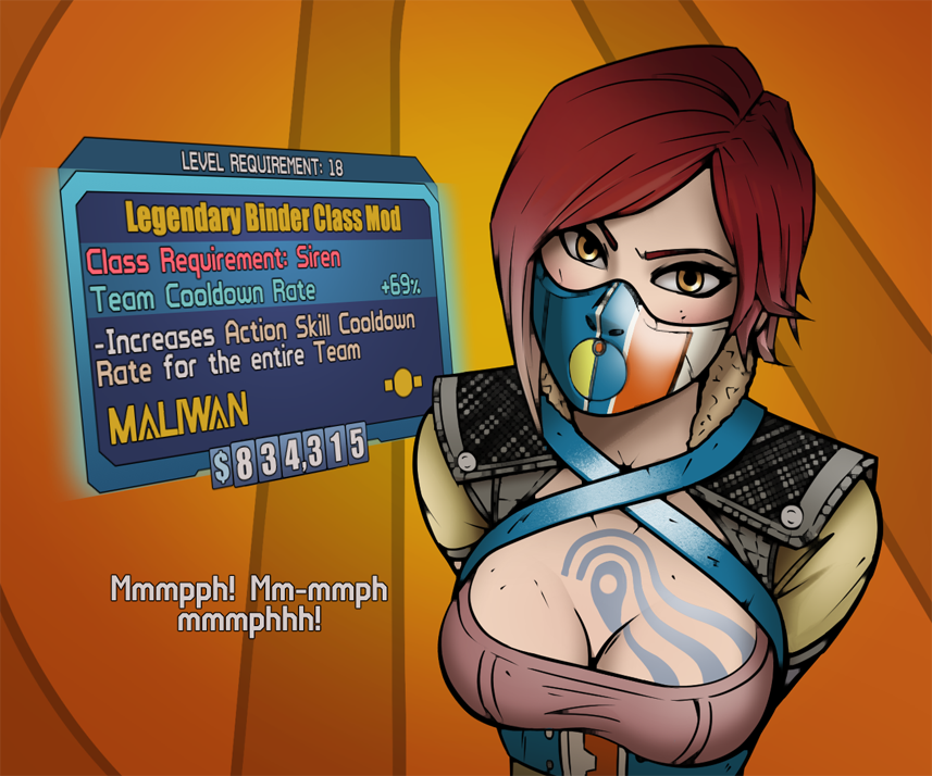 1girls arms_behind_back arms_bound bdsm bondage borderlands borderlands_2 bound_arms breasts clothed color corset deviantart english_text female female_only gag gagged game_mechanics gameplay_mechanics human human_only item_description lilith_(borderlands) orange_eyes over_the_mouth_gag panel_gag red_hair submissive_female tattoo text video_game wossarem