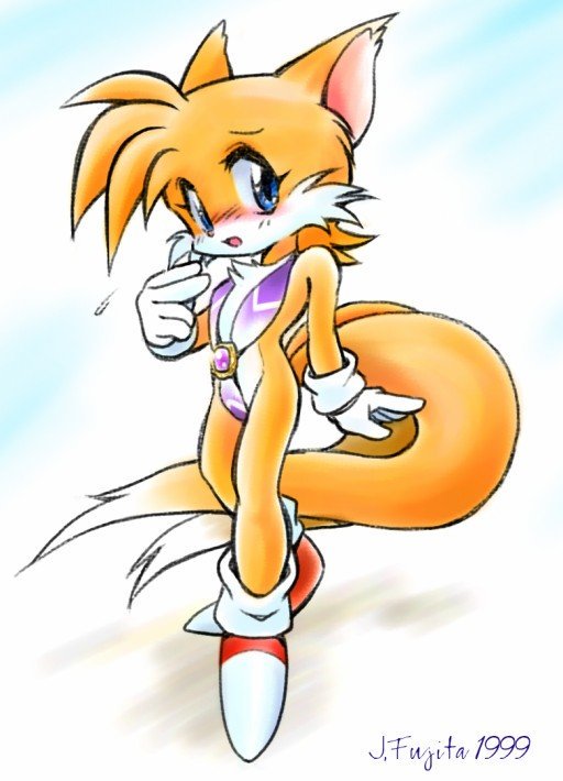 1990s 1999 1girls 20th_century 2_tails 90s artist_name artist_signature blue_eyes blush dated female fox fox_ears fox_girl fox_tail genderswap genderswap_(mtf) j-fujita multi_tail orange_fur parody rhythm_badge rule_63 sega shoes sling_bikini sonic_(series) sonic_adventure sonic_the_hedgehog_(series) sweat tagme tails tailsko