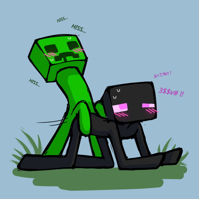 ambiguous gender, anal, anal sex, blush, creeper, doggy style, enderman, grass, interspecies, legaliseghostporn, male, minecraft, simple background, small dom big sub, sweat