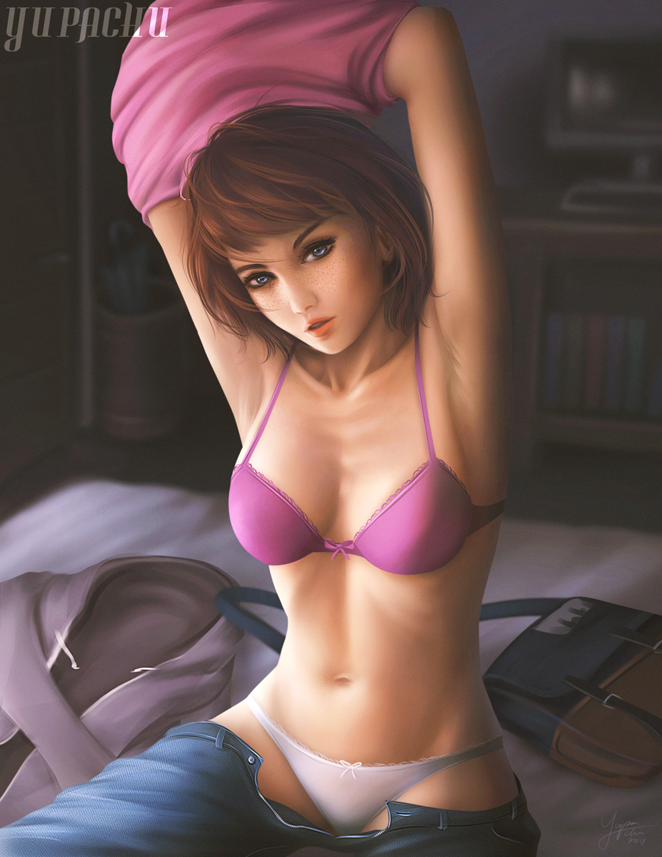 1girls, bangs, bob cut, bra, breasts, brown hair, cleavage, clothing, female, female only, female protagonist, freckles, human, jeans, life is strange, looking at viewer, max caulfield, midriff, navel, panties, pink bra, ribs, ribs over breasts, skinny, solo, teenager, underwear, undressing, white panties, yupachu