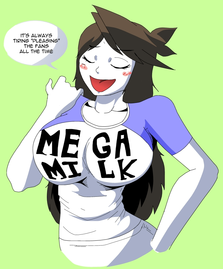 artist request, big breasts, blush, breasts, brown hair, carliabot, female, green background, jaiden animations, jaiden dittfach, mega milk, white shirt, white skin, youtube, youtuber