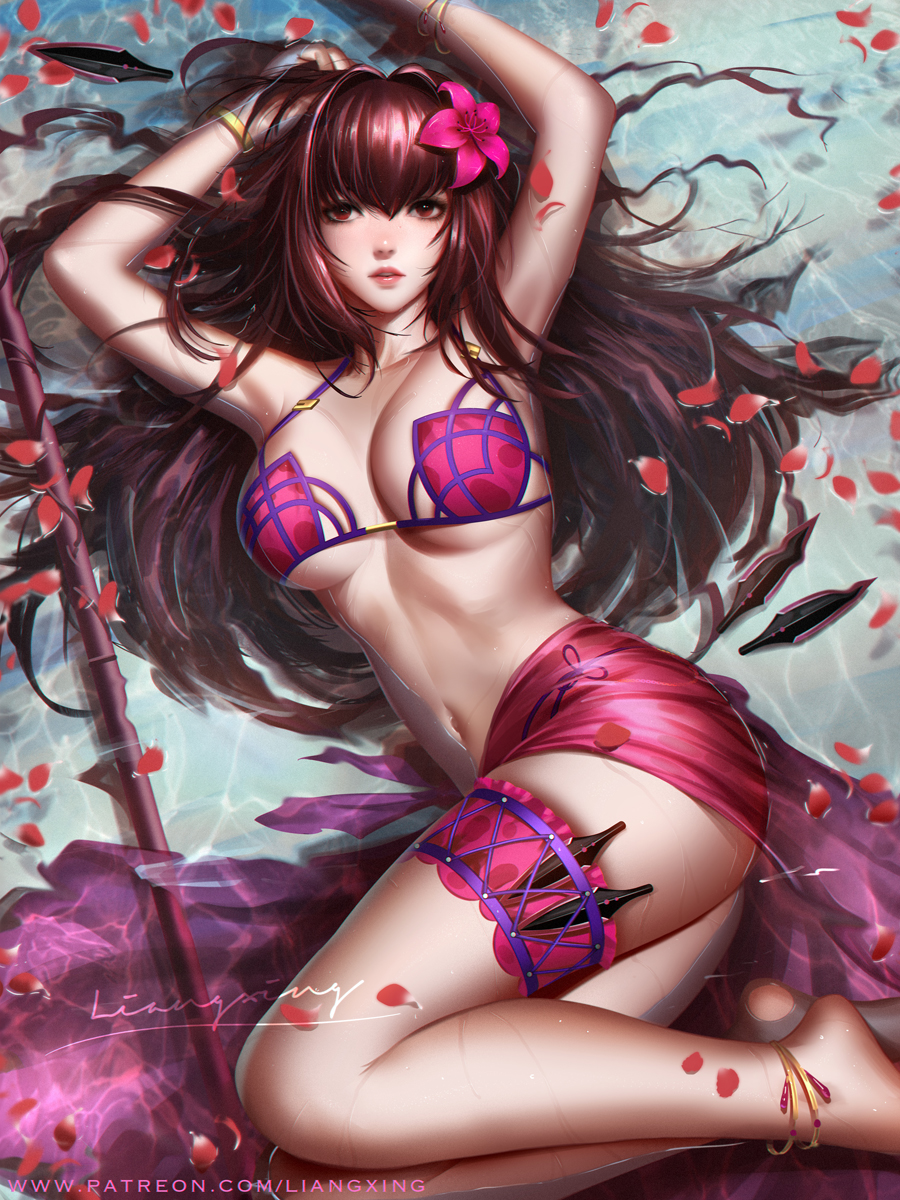 1girls, ass, breasts, cleavage, fate (series), fate/grand order, female, female only, large breasts, liang xing, pinup, scathach (fate), scathach (swimsuit assassin), solo