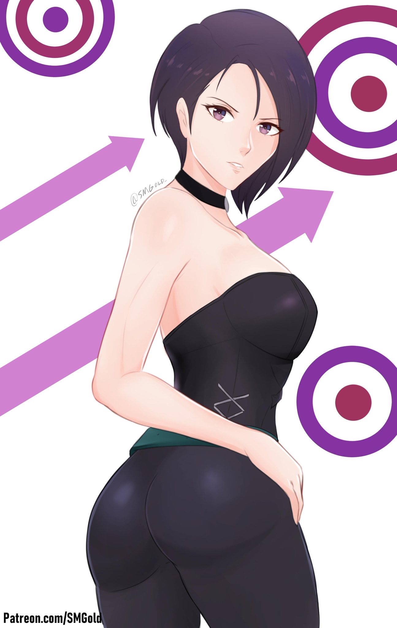 1girls, ass, big ass, big breasts, breasts, choker, female, fire emblem, fire emblem: three houses, looking at viewer, looking back, medium hair, purple eyes, purple hair, shamir nevrand, short hair, smgold, solo, solo female, tight clothing