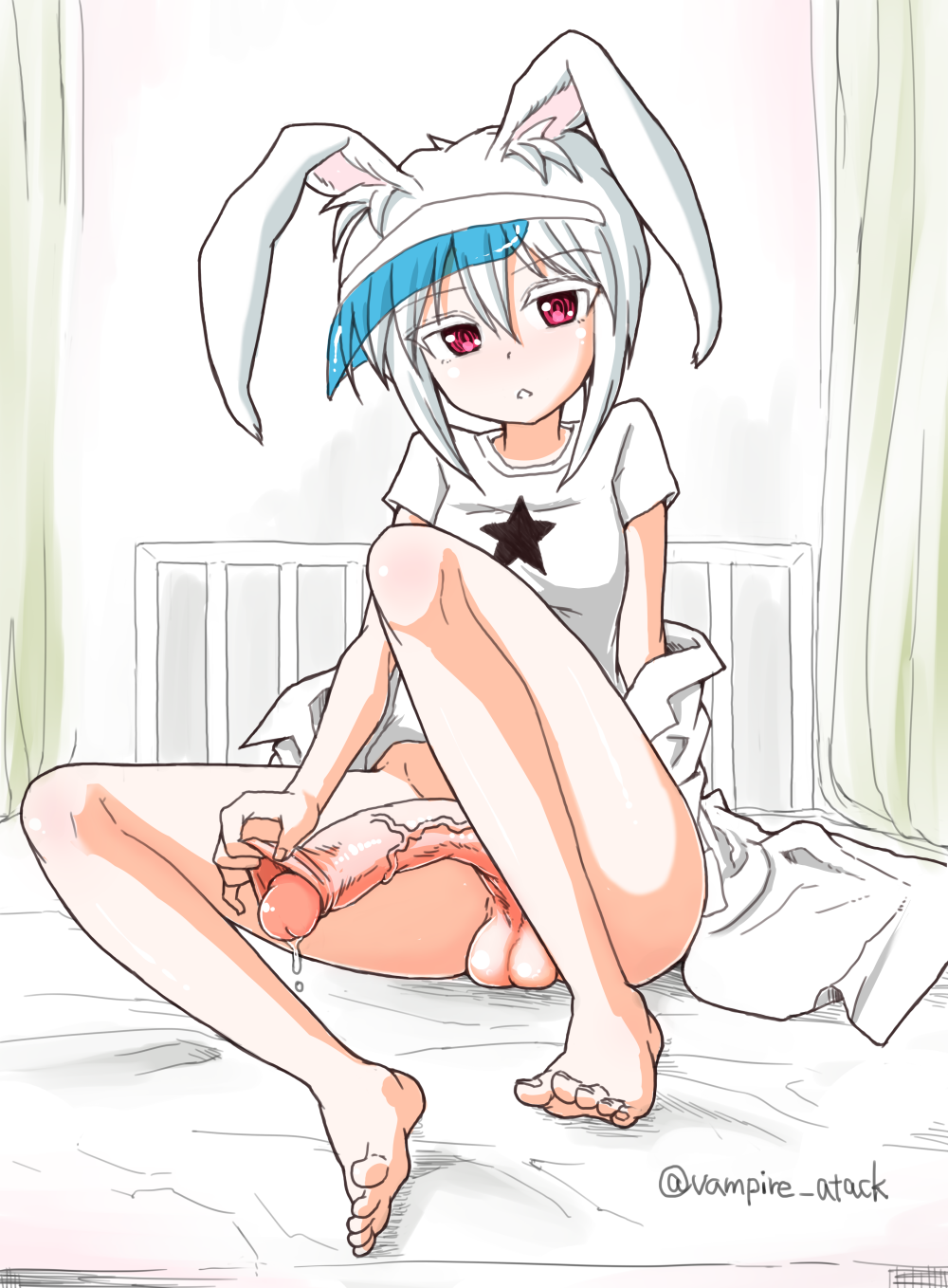 1futa animal_ears balls bottomless breasts bunny_ears bunny_girl clothed clothing cum foreskin futa_only futaba_yodoyume futanari humanoid humanoid_penis intersex kemonomimi light_skin pale_skin partially_clothed penis petite precum red_eyes sitting solo white_hair yodomu