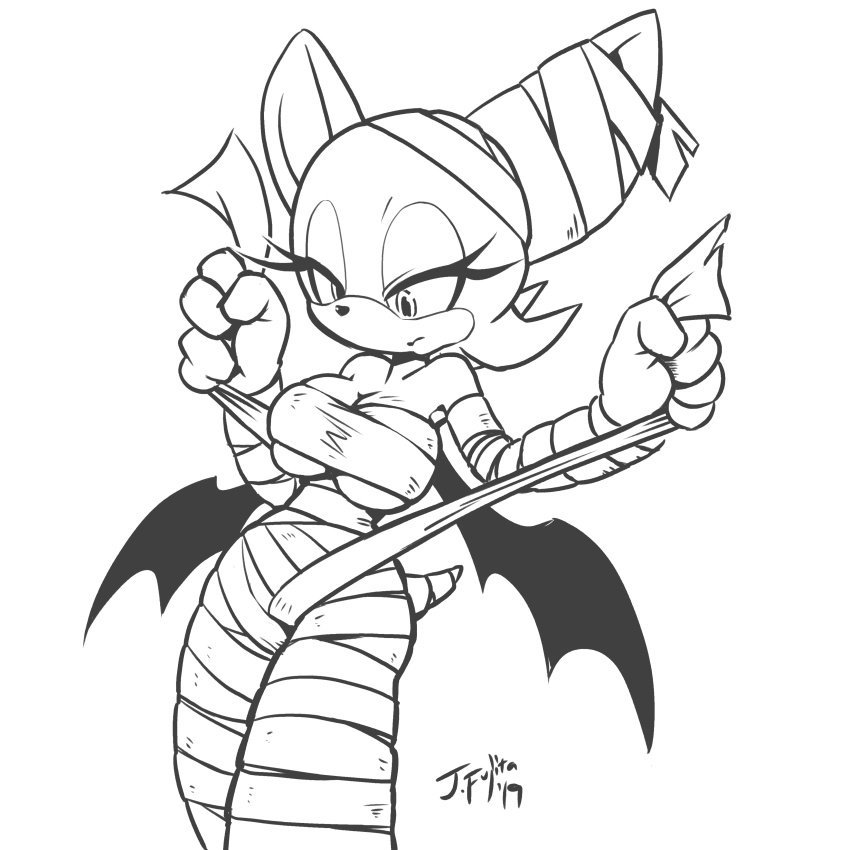 1:1 2019 anthro artist_name artist_signature bandage breasts chiropteran cleavage clothed clothing dated female j-fujita mammal rouge_the_bat sega simple_background sketch solo sonic_(series) video_games wings