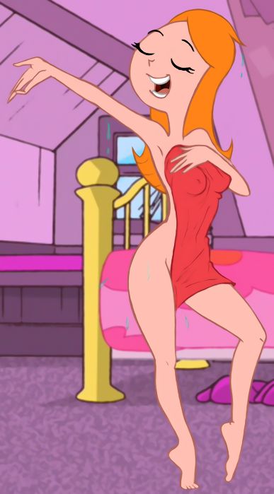 1girls, barefoot, bed, bedroom, breasts, candace flynn, cartoonsbest (artist), closed eyes, covering self, dildo, disney, feet, female, medium breasts, nipple bulge, orange hair, orange-haired female, perky breasts, phineas and ferb, red towel, singing, skinny, small breasts, toes, towel, towel only