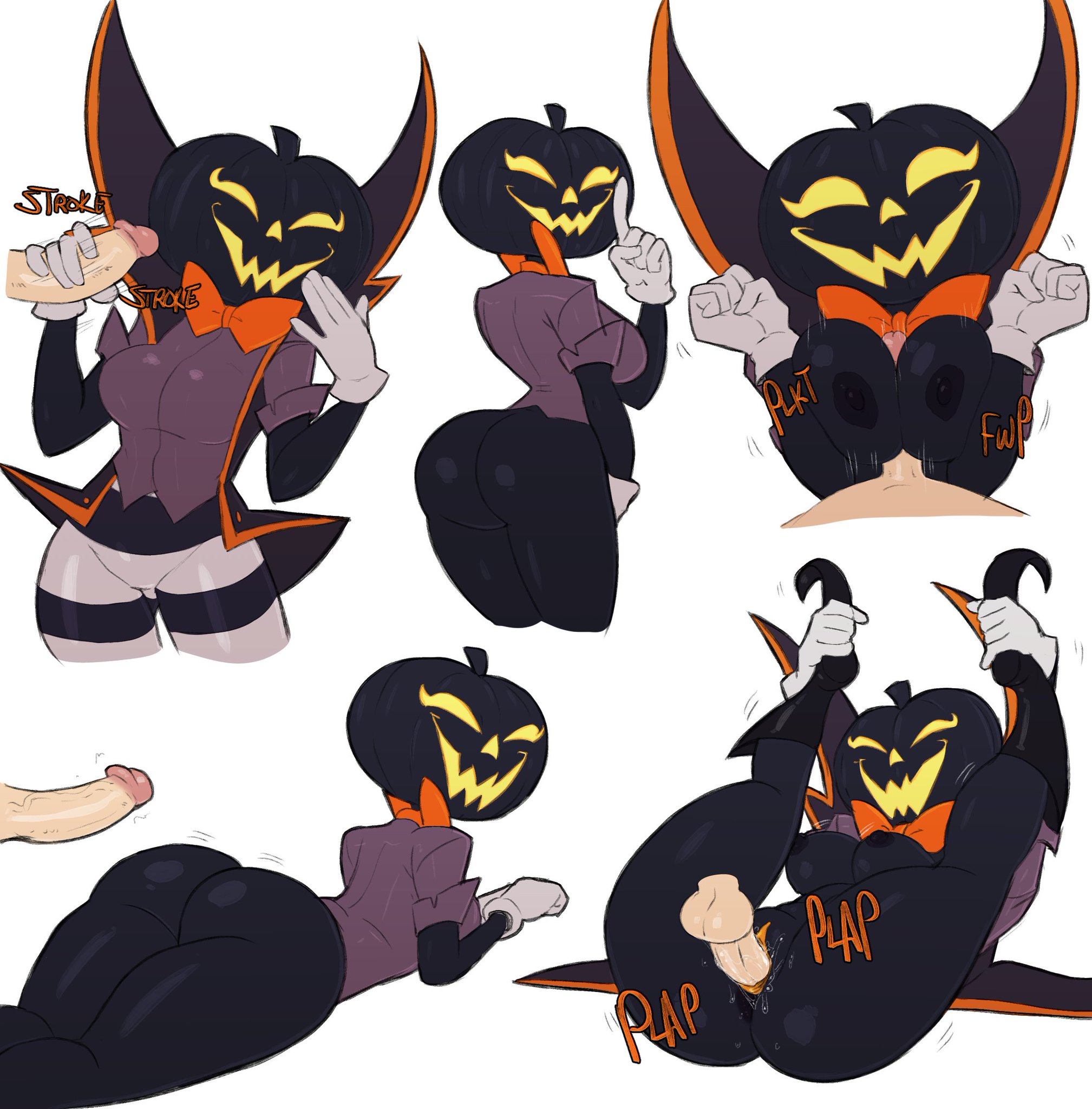 1boy, 1girls, anthro, ass, athletic, athletic female, big breasts, black body, black skin, bottomless, bow, breasts, bubble ass, bubble butt, clothing, dripping, faceless male, female, gloves, guillion (toshkarts), holding legs, holding legs up, human penetrating, interspecies, jack-o'-lantern, jackie (sin), light skin, light-skinned male, male, male/female, mating press, paizuri, penis, plap, pumpkin, pumpkin head, sex, stroking penis, tagme, titfuck, tits