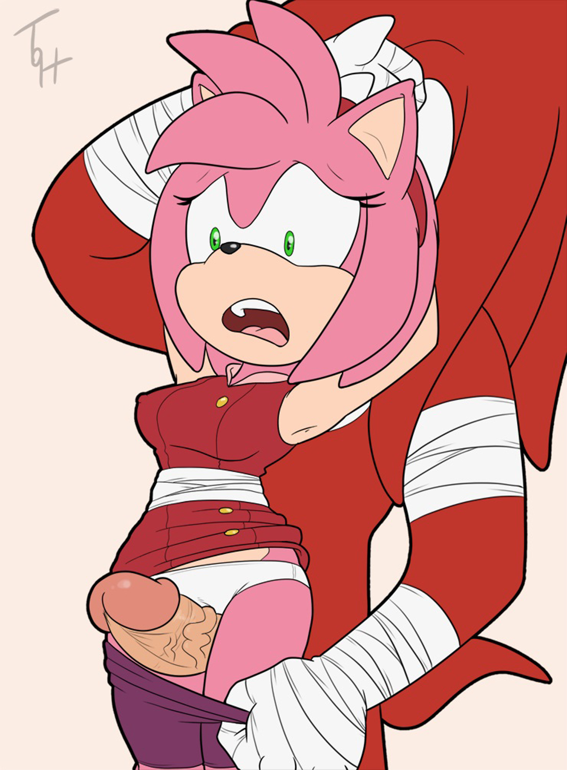 1boy, 1girls, amy rose, amy rose (boom), anthro, arms, arms above head, artist signature, big penis, dress, echidna, female, fur, furry, grabbing arms, green eyes, hedgehog, hetero, interspecies, knuckles (boom), knuckles the echidna, male, mouth, open mouth, panties, pants, pants down, pants pull, pants pulled down, penis, pink fur, pink hair, red fur, red hair, sega, small pupils, sonic (series), sonic boom, sonic the hedgehog (series), straight, the other half, thigh sex, veiny penis, white panties