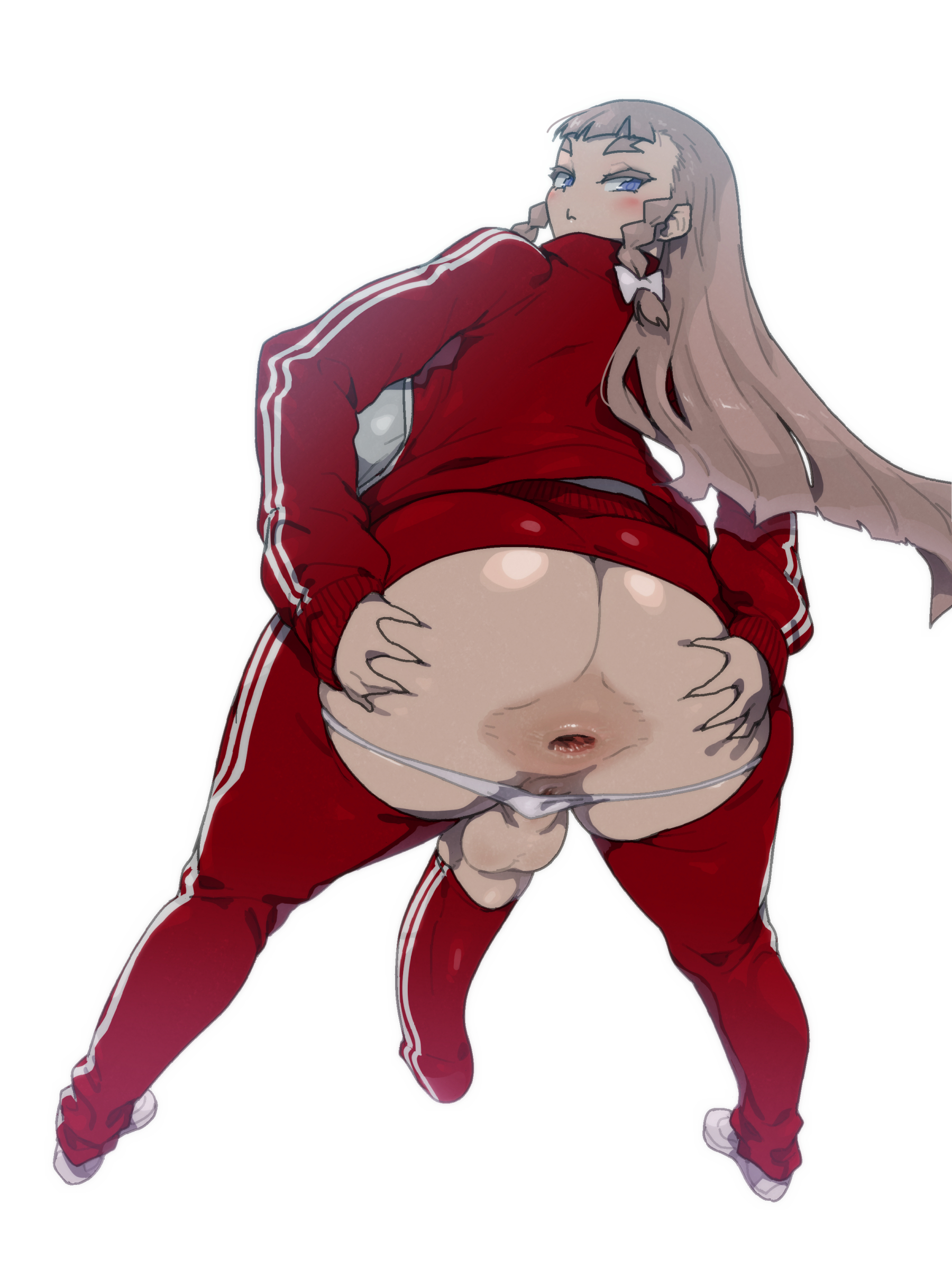 1futa, anal access, anus, ass, back, back view, backless panties, balls, big anus, big ass, big breasts, blue eyes, bow, braided hair, breasts, brown hair, clothed, clothing, cock sleeve (clothes), crotchless, danchizuma, easy access, erection, full-package futa, futa only, futanari, gaping anus, huge cock, human, intersex, jersey, light skin, light-skinned futa, long penis, looking back, mostly clothed, panties, penis, presenting anus, puffy anus, pussy, solo, torn clothes