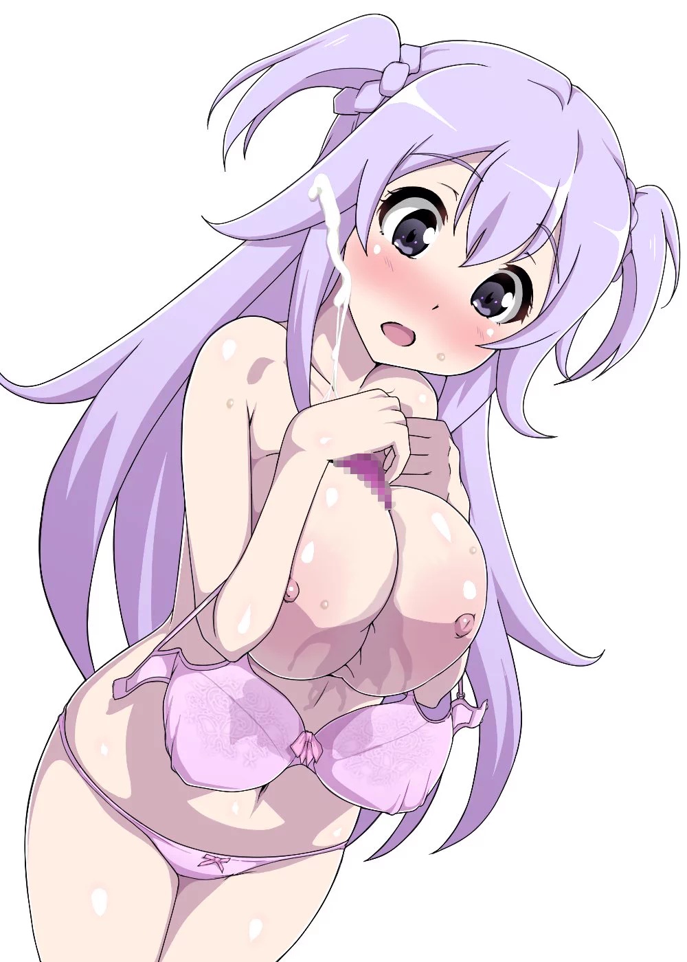 1girls blush bra censored cum cum_outside female gakusen_toshi_asterisk huge_breasts long_hair looking_down nipples paizuri panties purple_eyes purple_hair ruskin solo solo_female toudou_kirin twintails underwear white_background