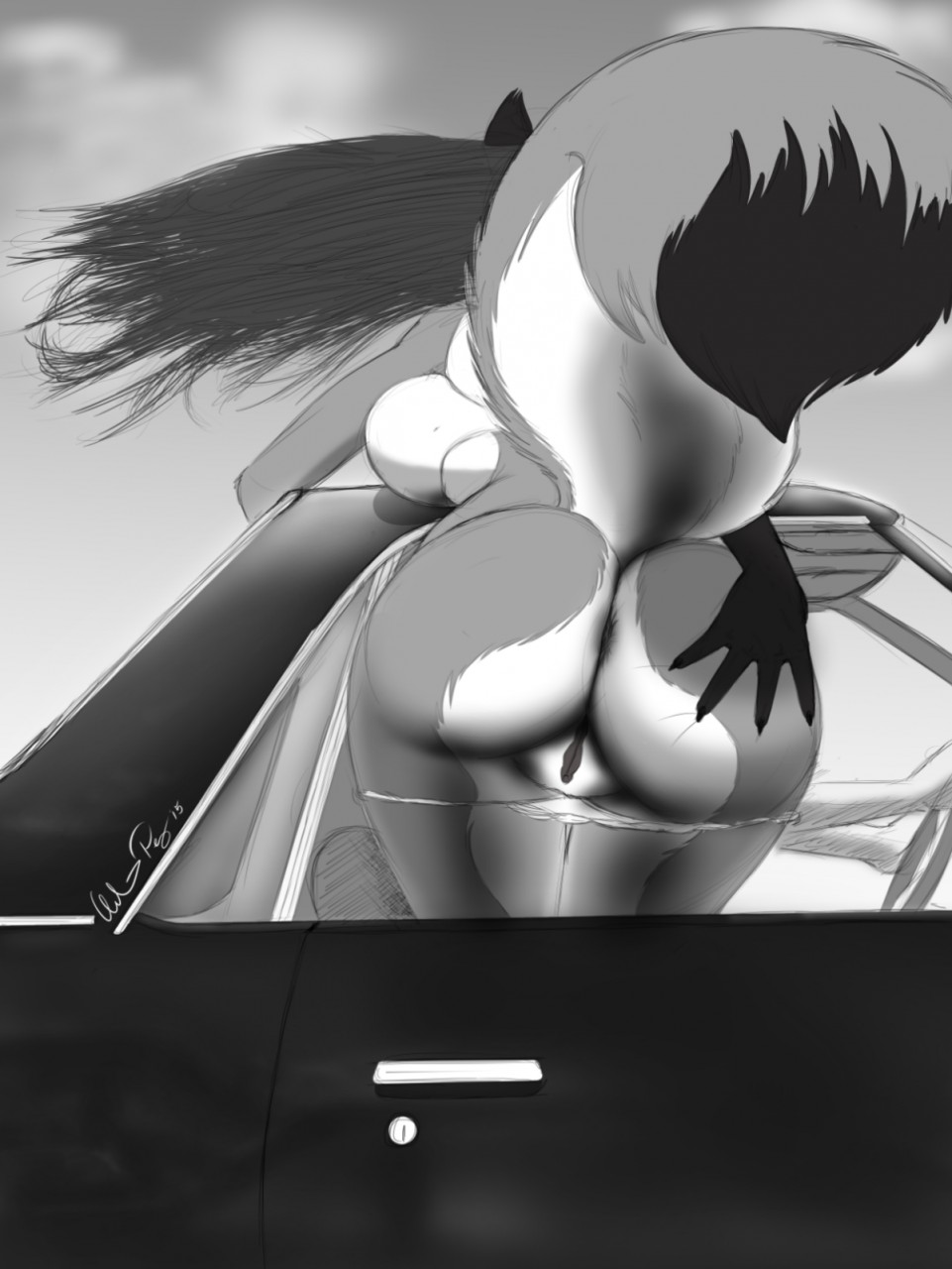 2015 5_fingers ambiguous_gender anthro ass bent_over biped bottomless bra breast_squish breasts canid canine car chevrolet chevrolet_el_camino clothed clothing countershading dipstick_tail driving duo exhibitionism faceless_ambiguous faceless_female female fingers fluffy fluffy_tail fox fur greyscale hair hand_on_butt hi_res inside_car long_hair low-angle_view mammal medium_breasts monochrome mooning mr_happy multicolored_body multicolored_fur multicolored_tail outside panties panties_down presenting presenting_hindquarters public pussy shaded signature simple_background solo_focus squish steering_wheel underwear vehicle