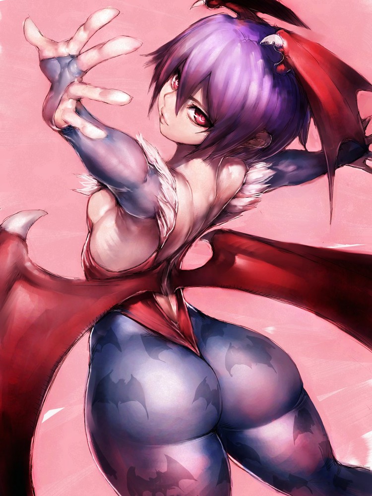 1girls, ass, ass focus, bare shoulders, breasts, clothing, darkstalkers, demon, demon girl, female, female only, flat chest, fumio (rsqkr), head wings, higher resolution available, huge ass, lilith aensland, looking at viewer, open arms, petite, purple hair, rear view, red eyes, sideboob, small breasts, succubus, thong leotard