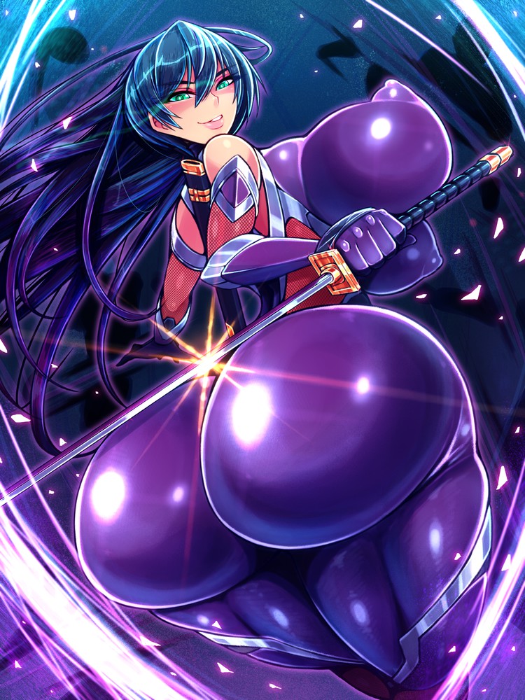 1girls, ass, ass focus, bodysuit, breasts, female, female only, huge ass, huge breasts, igawa asagi, katana, light-skinned female, long hair, looking at viewer, looking back, ninja, shiny suit, skin tight, smirk, solo, taimanin (series), taimanin asagi, thong leotard