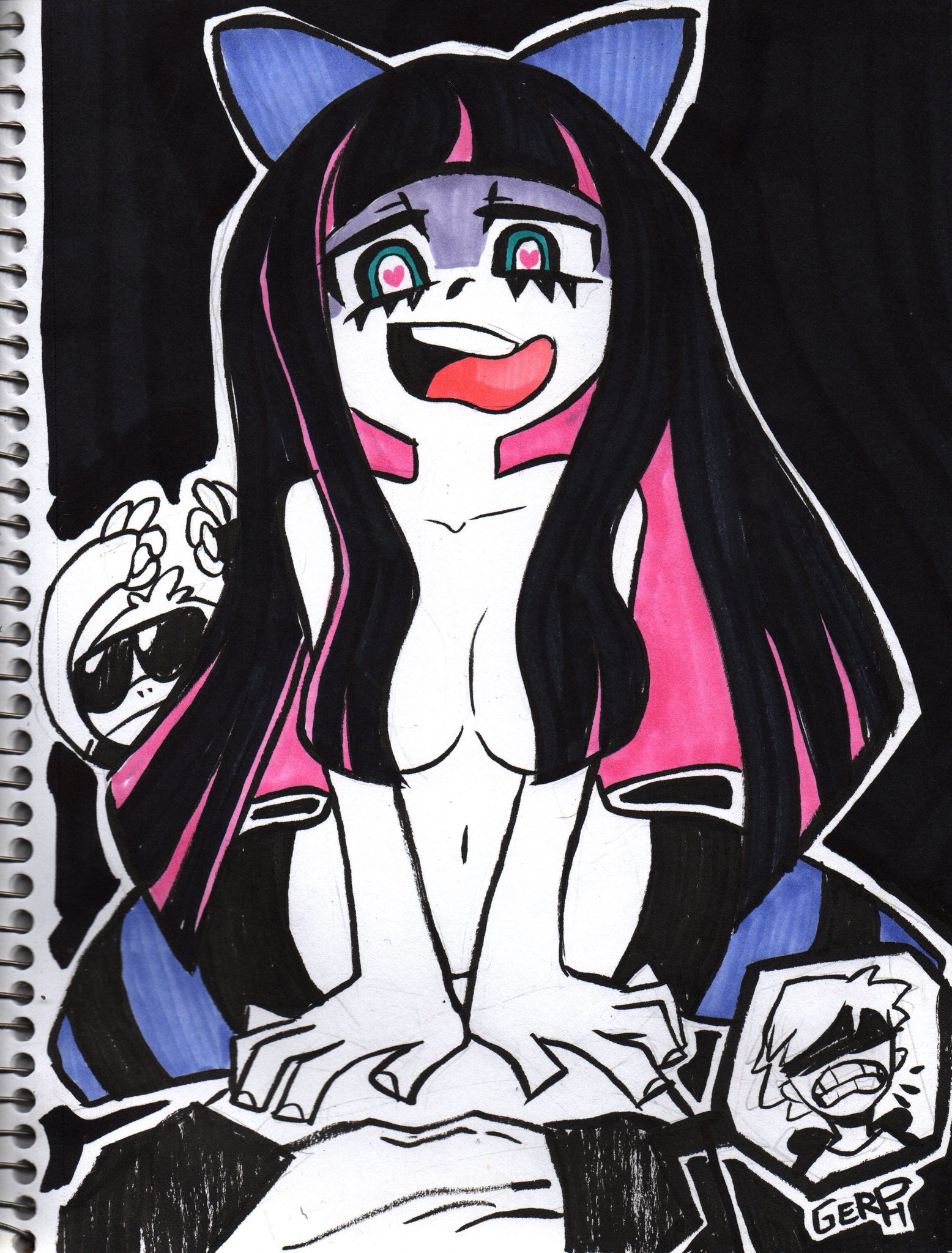 1boy, animal, bangs, black background, bow, breasts, claws, convenient censoring, cowgirl position, doomentio, doomverse, eyelashes, female, gerph, goth, hair ribbon, hazcast, heart, heart-shaped pupils, highres, legwear, lolcow, male, open mouth, panty & stocking with garterbelt, pussy, reverse violation, ribbon, sex, signature, smirk, stocking anarchy, striped, striped legwear, striped stockings, striped thighhighs, sunglasses, symbol-shaped pupils, teeth, thighhighs, tongue, tongue out, traditional media (artwork), vaginal penetration