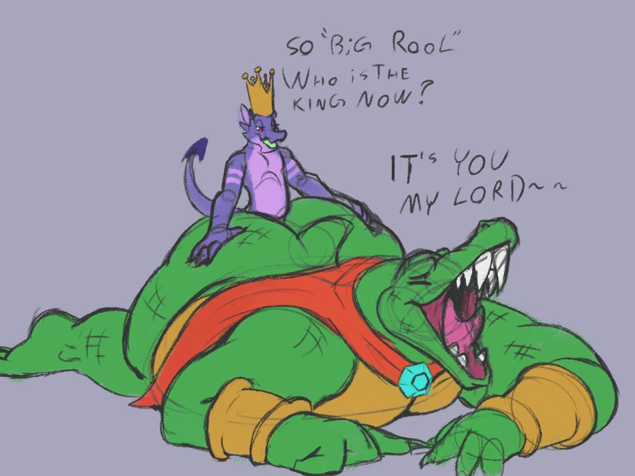 4:3 alfa_quinto anthro cape clothing crown dialogue donkey_kong_(series) duo english_text from_behind_position grey_background k_rool male male/male male_only muscular muscular_male nintendo reptile scalie sex simple_background size_difference teeth text video_games