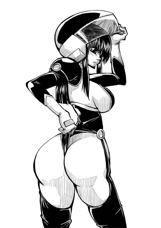 artist_request black_hair dat_ass female fujimura_shizuru huge_ass large_breasts long_hair monochrome nijikuji shinkon_gattai_godannar!! thong_leotard