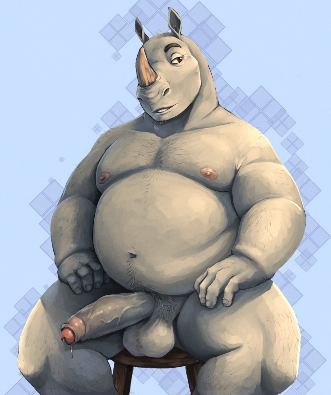 anthro balls big_penis bodily_fluids body_hair brown_eyes chest_hair erection furniture genital_fluids grey_body grey_skin hi_res horn humanoid_penis male male_only mammal nose_horn nude overweight overweight_male penis precum rhinocerotoid sitting solo stool zhaqez