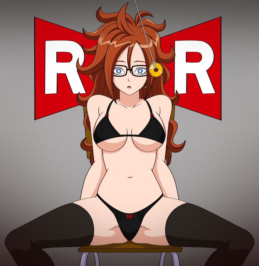 1girls, android 21, android 21 (human), bare shoulders, bikini, black bikini, black legwear, blue eyes, bow bra, bow panties, breasts, brown hair, cleavage, collarbone, dragon ball, dragon ball fighterz, dragon ball super, dragon ball z, erect nipples, erect nipples under clothes, female, glasses, hypnosis, jimryu, looking at viewer, milf, mind control, nipples, open mouth, pendulum, sitting, spread legs, thighhighs, underboob