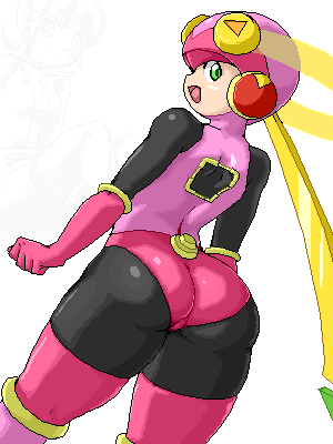 2girls arched_back ass back big_ass bodysuit capcom clothed helmet isu looking_at_viewer mayl_sakurai mega_man mega_man_battle_network multiple_girls pixel_art rear_view rockman rockman_exe roll.exe sakurai_meiru tagme thick_thighs thighhighs