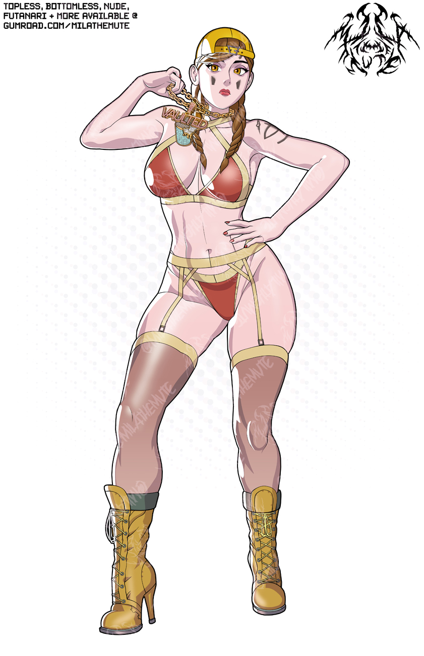 1girls, aura (fortnite), backwards hat, bra, chain necklace, epic games, facepaint, female, fortnite, fortnite: battle royale, hat, high heel boots, high heels, looking at viewer, mila the mute, panties, skimpy, skimpy clothes, tagme, thigh highs, thighhighs, video games